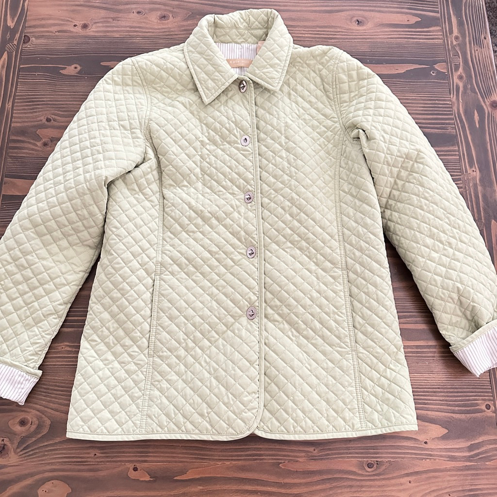 Women’s Kate Hill Light Green Quilted Jacket Small Turn Button Striped Lining